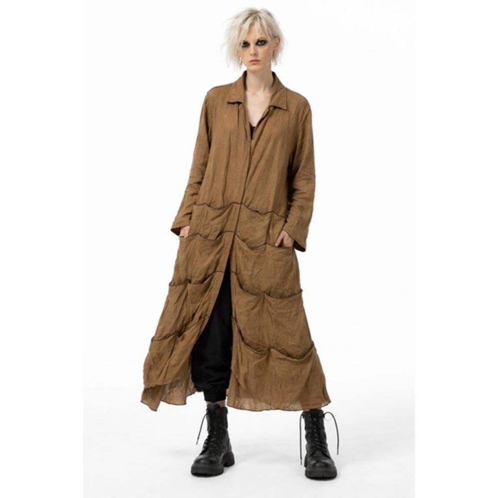 Avant Garde 100% Linen Multi Pocket Long Coat Brown Small Post Apocalyptic Mori